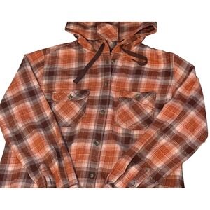 Carhartt Orange Plaid Women's Large 12/14 Hooded Flannel‎ Button Down Shirt EUC
